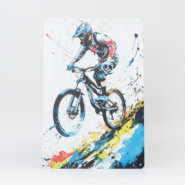 Retro Blechschild Biker downhill white