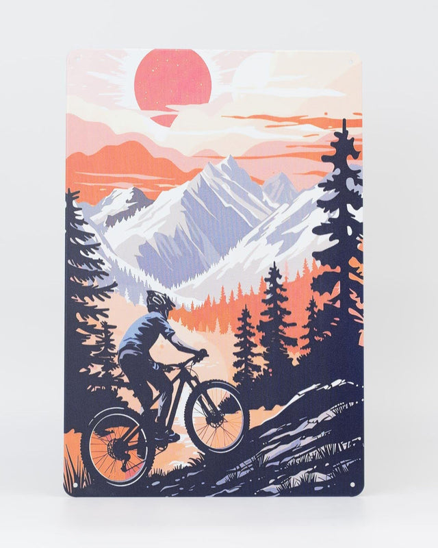 Retro Blechschild Biker mountain bike up sun