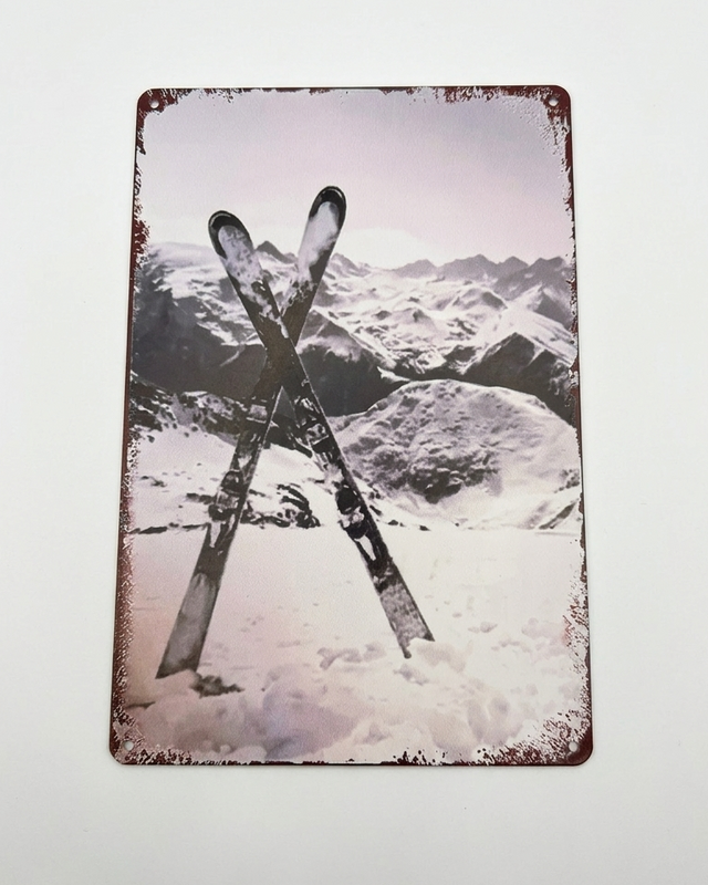 Retro Blechschild Winter Ski - schwarz weiß