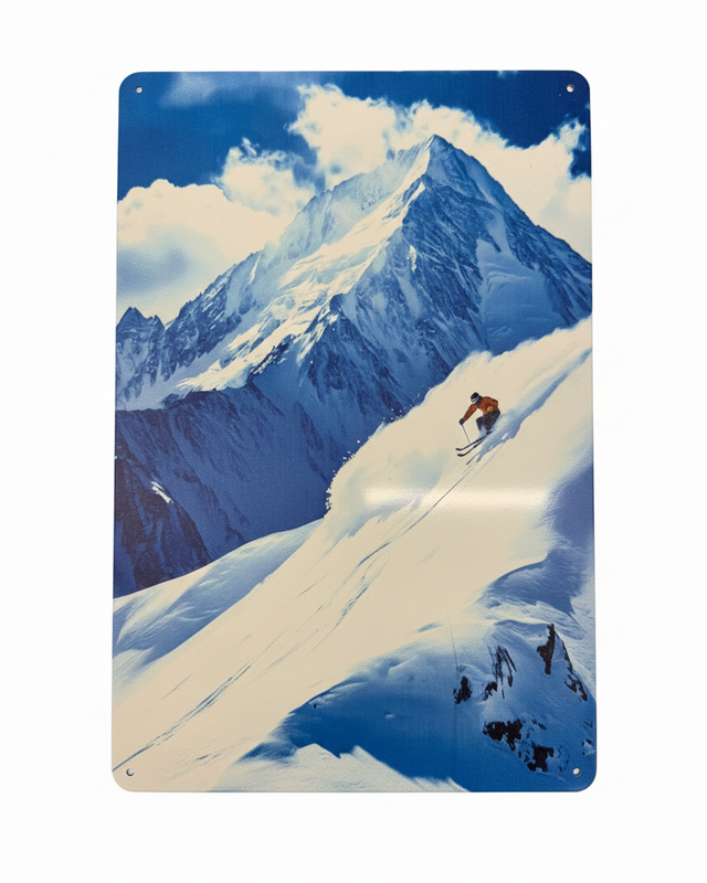 Retro Blechschild Winter Skifahrer - Berglandschaft