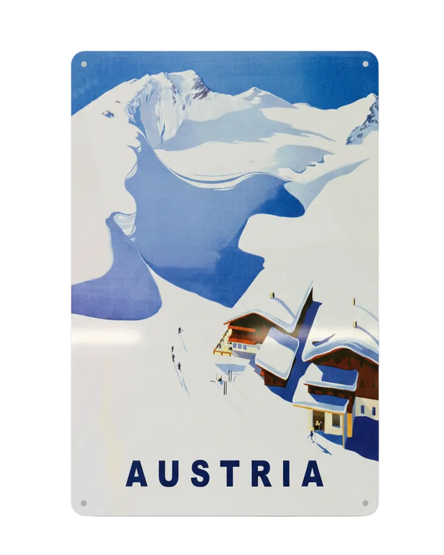 Retro Blechschild Winter Verschneite Häuser