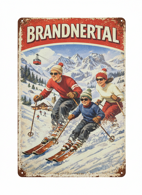 Retro Blechschild Heimat Brandnertal Skifahrer Familie