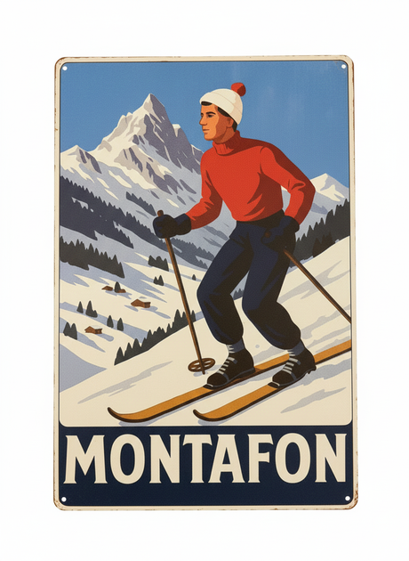 Retro Blechschild Heimat Montafon - Skifahrer