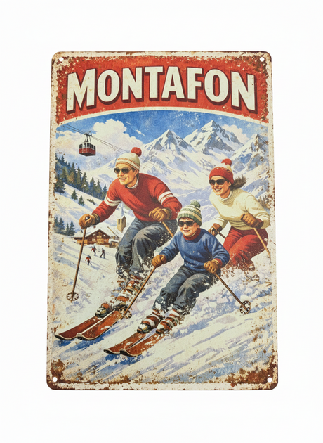 Retro Blechschild Heimat Montafon Skifahrer Familie