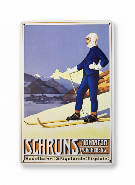 Retro Blechschild Heimat Schruns - Skifahrer