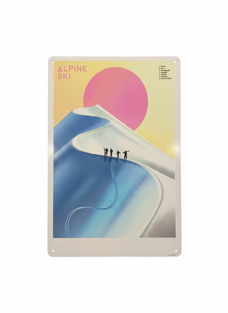Retro Blechschild Winter Alpine Ski - pinker Mond
