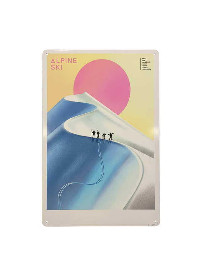 Retro Blechschild Winter Alpine Ski - pinker Mond